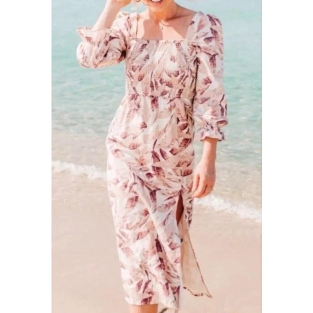 House of Harlow 1960 Linen Blend Palm Leaf Midi Dress Floral Smocked Size XS